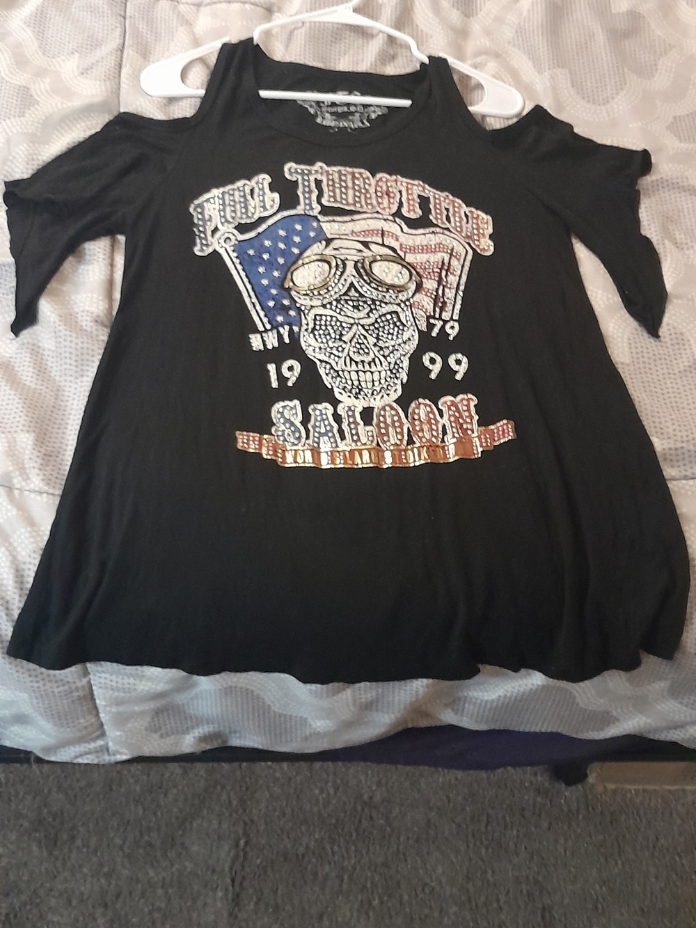 Sturgis Black Cold-Shoulder Graphic Tee with American Flag Skull